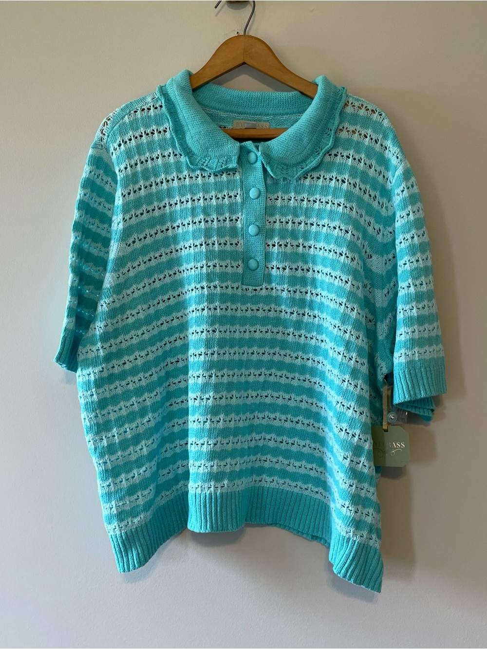 Ryegrass Blue Crochet Sweater Top Size 3X Short Sleeve Collared Polo Preppy
